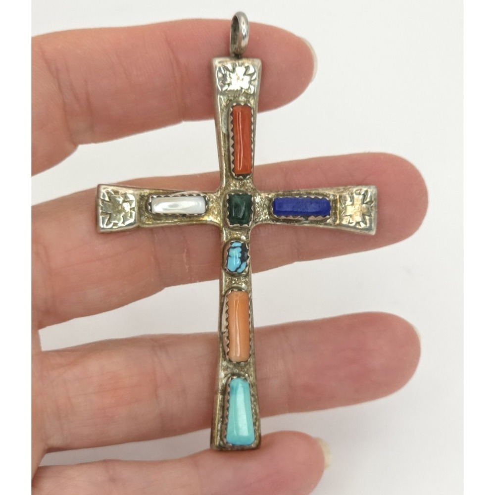 large 925 Sterling Silver NA W. IULE Zuni Multi gemstone Cross Pendant 12g 2.75"